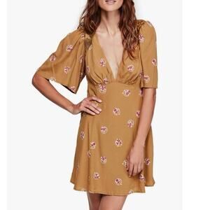 Free People Womens Mockingbird Open Back Lace Mini Dress Tan Yellow Size 8 EUC